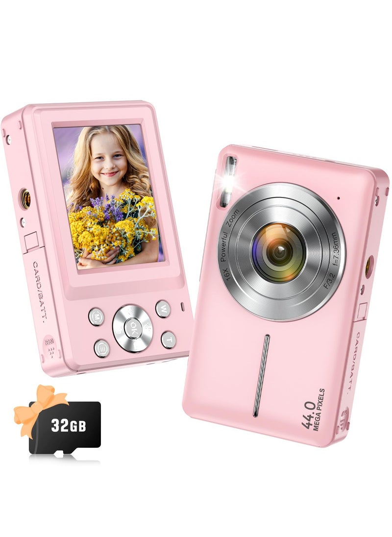Lecran - Digital Camera, 2024 Upgraded FHD 1080P Digital Camera for Kids with 16X Zoom, Flashlight, 32GB Card, 44MP Point and Shoot Camera Compact Small Selfie Camera for Girls, Boys, Teens, Students,Pink - Image 1
