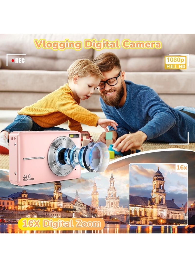 Lecran - Digital Camera, 2024 Upgraded FHD 1080P Digital Camera for Kids with 16X Zoom, Flashlight, 32GB Card, 44MP Point and Shoot Camera Compact Small Selfie Camera for Girls, Boys, Teens, Students,Pink - Image 1