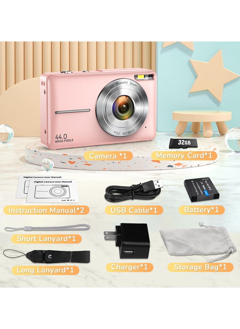 Lecran - Digital Camera, 2024 Upgraded FHD 1080P Digital Camera for Kids with 16X Zoom, Flashlight, 32GB Card, 44MP Point and Shoot Camera Compact Small Selfie Camera for Girls, Boys, Teens, Students,Pink - Image 1