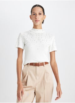 DeFacto Slim Fit Embroidered Ribbed Short Sleeve Turtleneck T-Shirt  - Image 1
