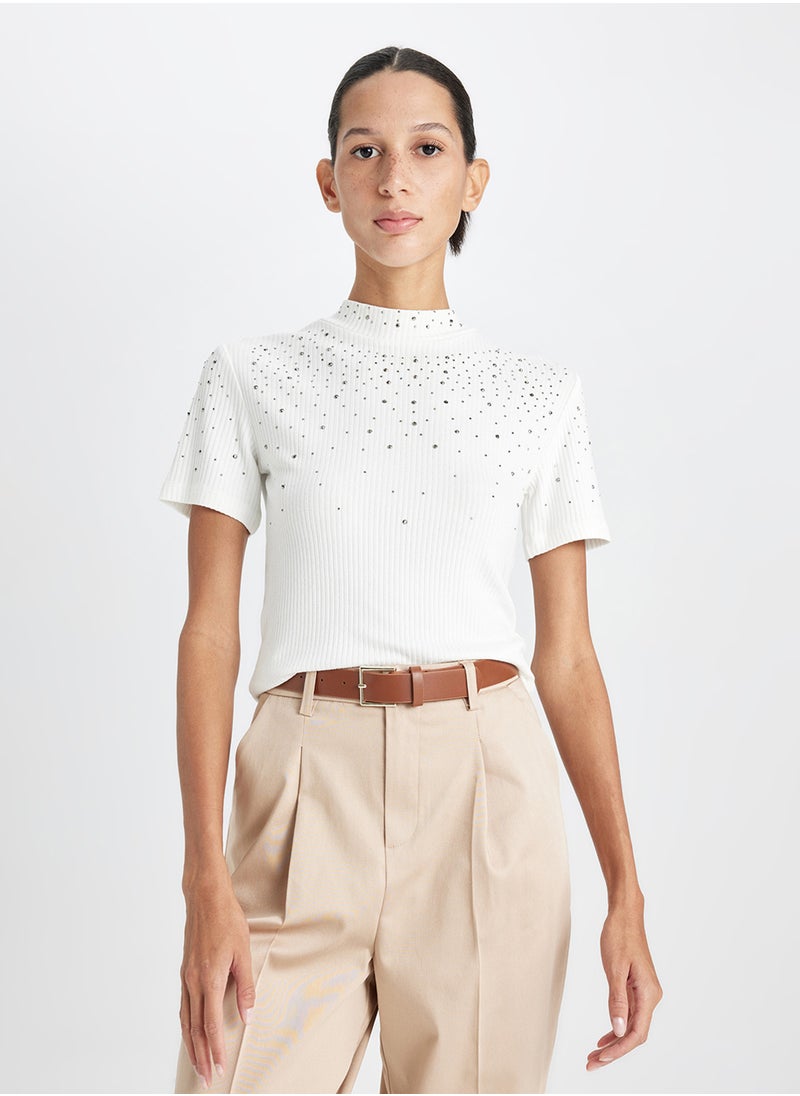 DeFacto Slim Fit Embroidered Ribbed Short Sleeve Turtleneck T-Shirt  - Image 1