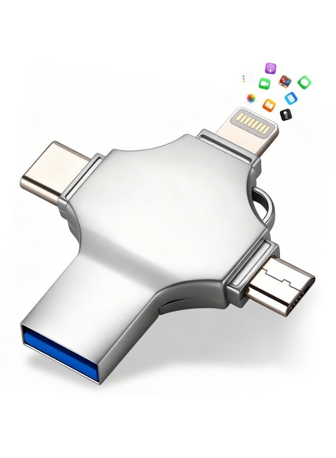 Naxifly USB Flash Drive, Dual Drive, 4 in 1 USB Flash Drive 2TB Fast Speed Flash Stick Memory Stick External Storage Compatible for iPhone/PC/Type-C/Android/More Device (Silver) - Image 1