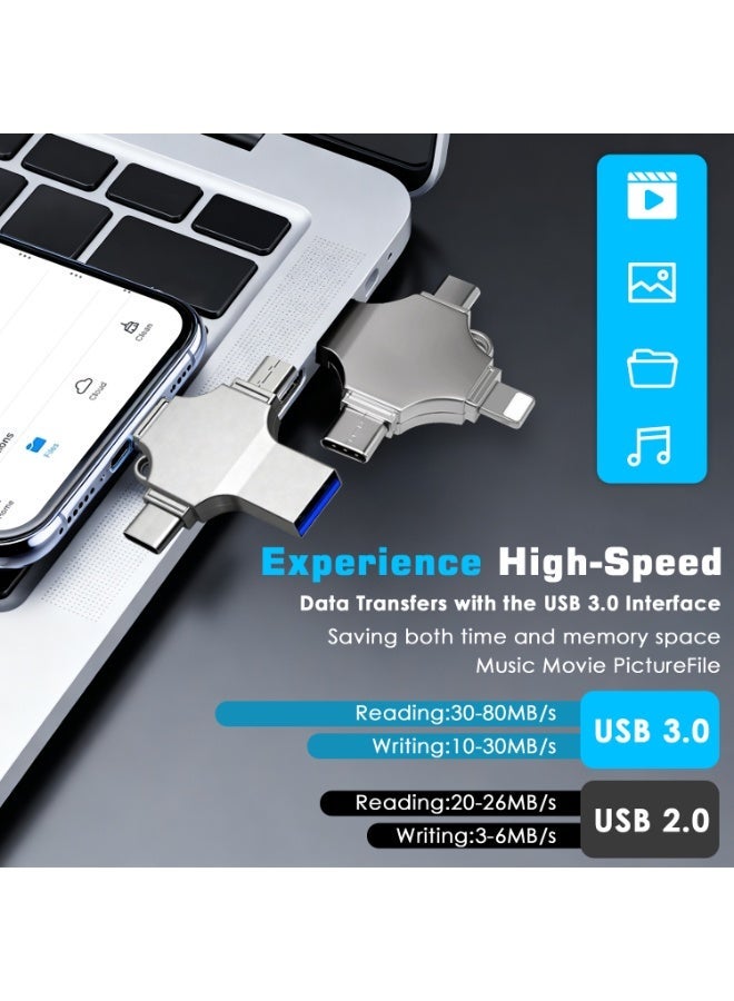 Naxifly USB Flash Drive, Dual Drive, 4 in 1 USB Flash Drive 2TB Fast Speed Flash Stick Memory Stick External Storage Compatible for iPhone/PC/Type-C/Android/More Device (Silver) - Image 3
