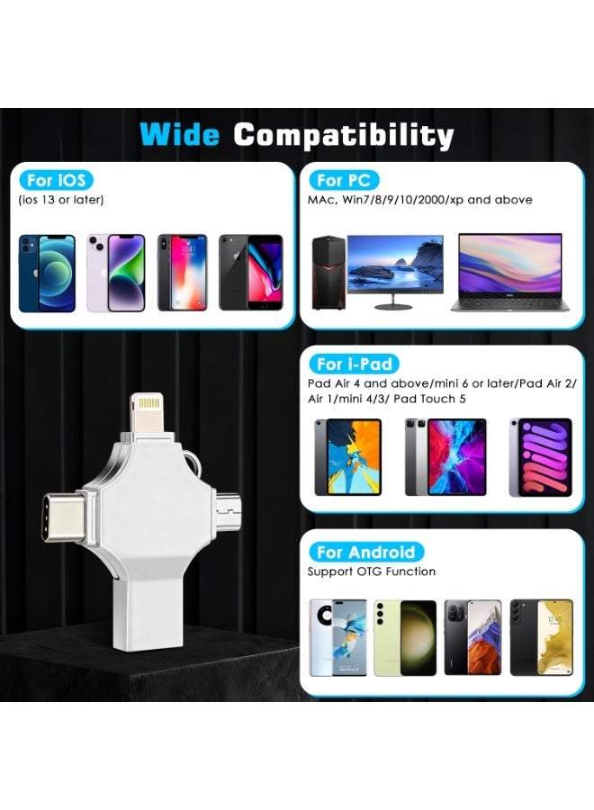 Naxifly USB Flash Drive, Dual Drive, 4 in 1 USB Flash Drive 2TB Fast Speed Flash Stick Memory Stick External Storage Compatible for iPhone/PC/Type-C/Android/More Device (Silver) - Image 2