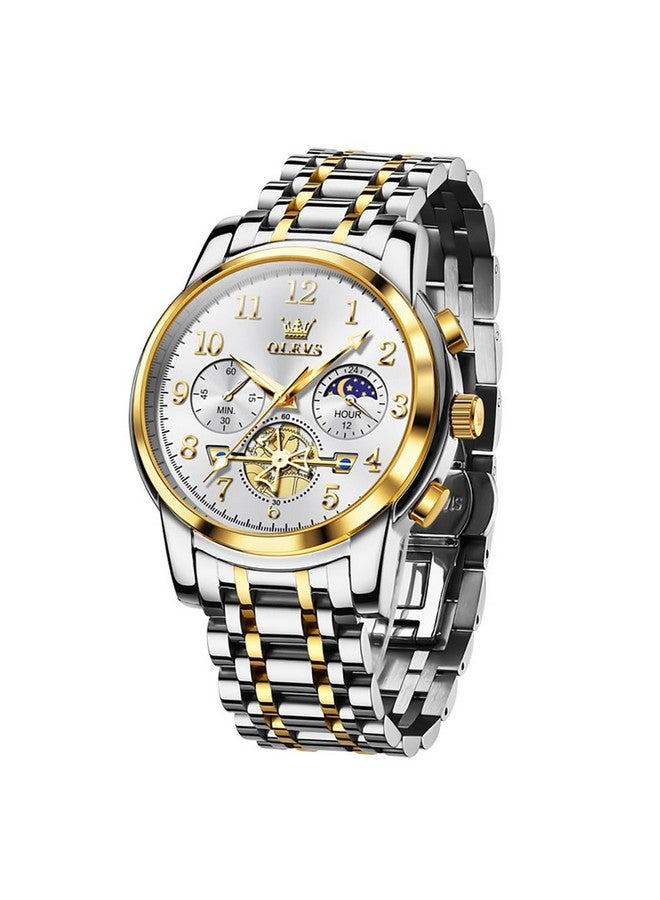 OLEVS Men's Business Watch Gold White with Large Easy-Read Analog Quartz Date Display Luxury Stainless Steel Band Waterproof Luminous Hands - Image 1