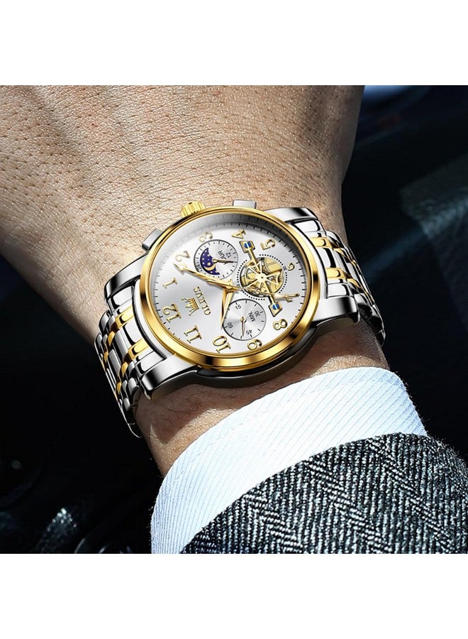 OLEVS Men's Business Watch Gold White with Large Easy-Read Analog Quartz Date Display Luxury Stainless Steel Band Waterproof Luminous Hands - Image 5