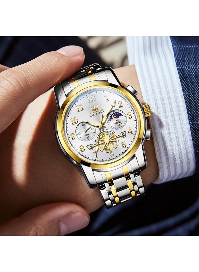 OLEVS Men's Business Watch Gold White with Large Easy-Read Analog Quartz Date Display Luxury Stainless Steel Band Waterproof Luminous Hands - Image 4