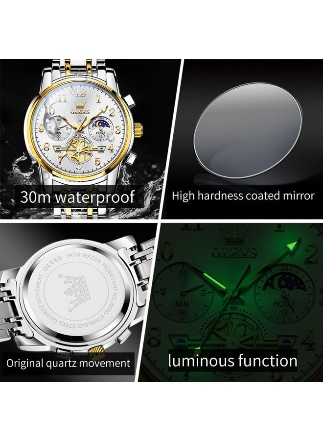 OLEVS Men's Business Watch Gold White with Large Easy-Read Analog Quartz Date Display Luxury Stainless Steel Band Waterproof Luminous Hands - Image 3