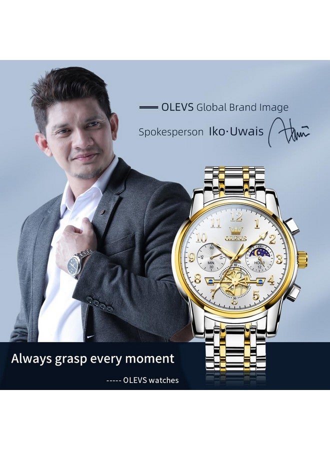 OLEVS Men's Business Watch Gold White with Large Easy-Read Analog Quartz Date Display Luxury Stainless Steel Band Waterproof Luminous Hands - Image 2