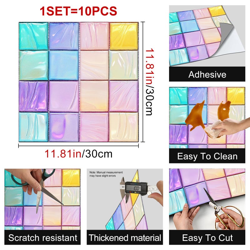 HOMETITUTE 10PCS 12x12 Inch Pastel Macaron Rainbow Glass Look Flat Floor Tiles Peel and Stick Removable Self Adhesive DIY Vinyl Flooring Stickers for Kitchen Bathroom Living Room Entryway Home Decor - Image 3