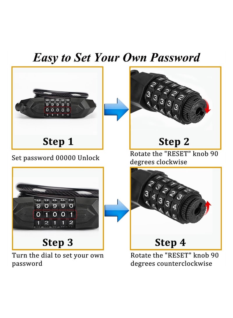 Luckam Bike Lock Cable, High Security 5-Digit Resettable Combination Bicycle Lock, Heavy Duty Braided Steel Coiled Cable Anti-Theft with Mounting Bracket for Scooter, Outdoor Equipment - Image 4