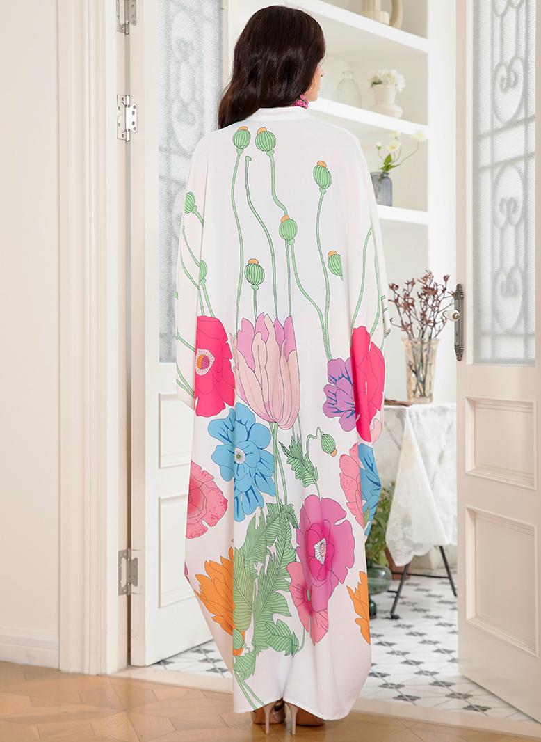 فرايديين لبس العطلة لطيف دائري زهري مشجر كم راجلان فساتين طويلة ابيض - Image 2