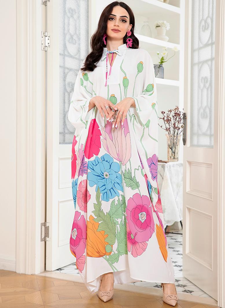 فرايديين لبس العطلة لطيف دائري زهري مشجر كم راجلان فساتين طويلة ابيض - Image 1