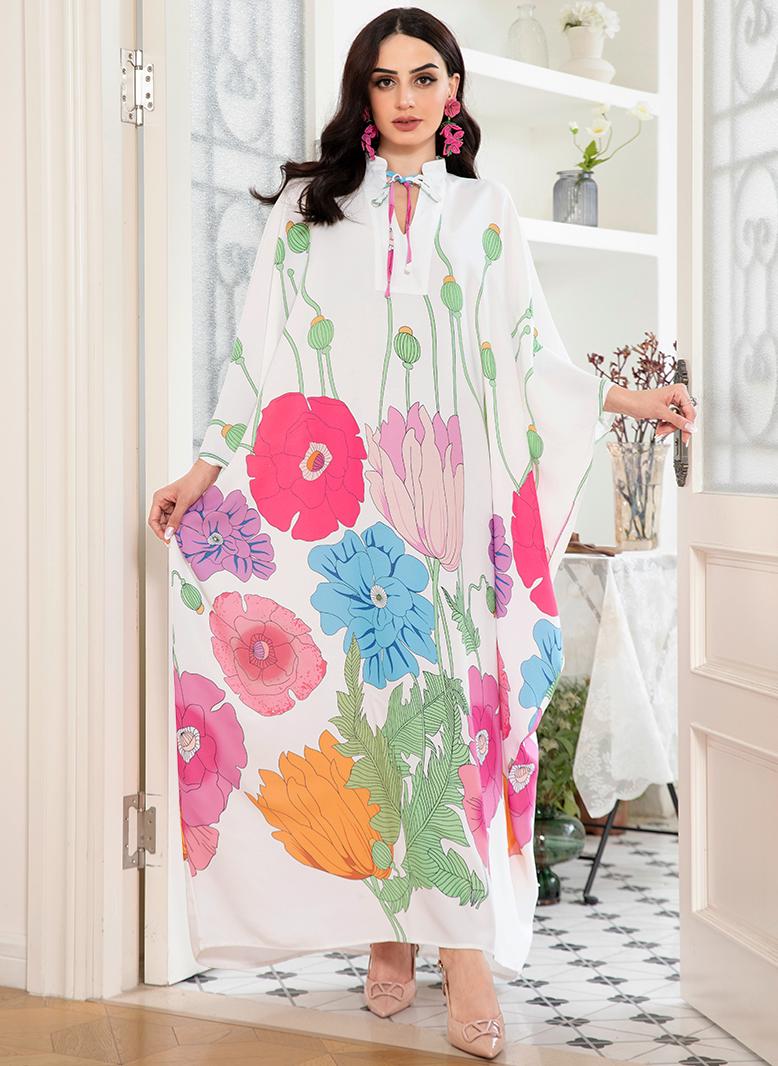 فرايديين لبس العطلة لطيف دائري زهري مشجر كم راجلان فساتين طويلة ابيض - Image 5