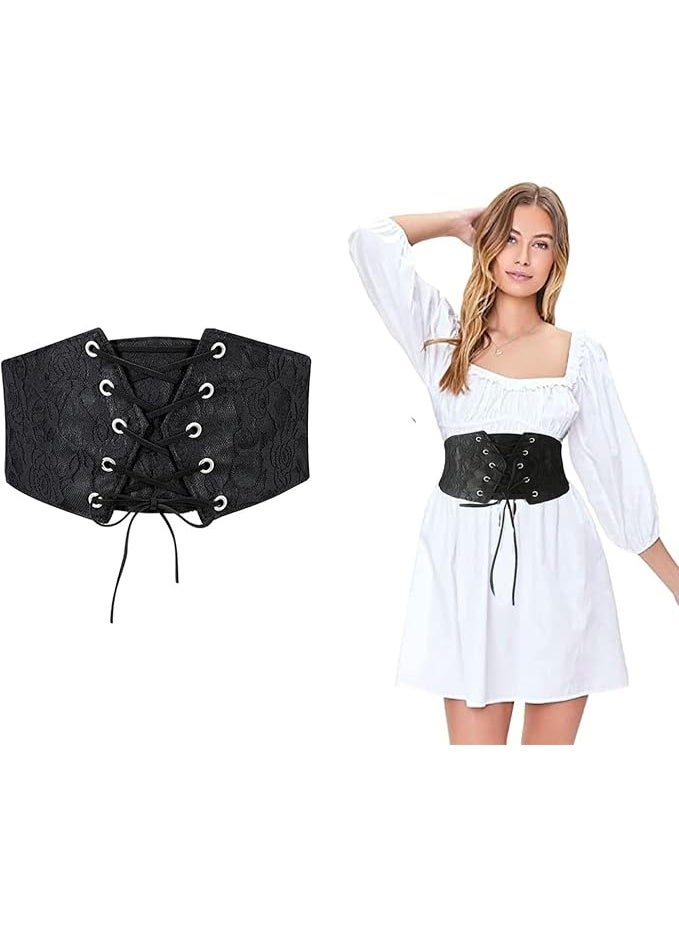 Women Retro Lace Lace-up Waspie Corset Waist Cincher Elastic Decorative Wide Belt Stylish Accessory for Dresses, Blouses, Skirts Party Casual Outfits - Image 1