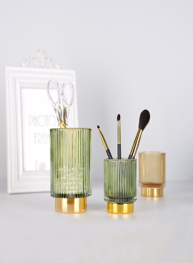 Fvstar Vintage Makeup Brush Holder Organizer,Dresser Glass Brushes Holder,Vanity Cosmetic Brush Holder,Desktop Crystal Eyeliners Eyebrow Pencil Storage Cup Holder for Countertop (Small Green) - Image 2