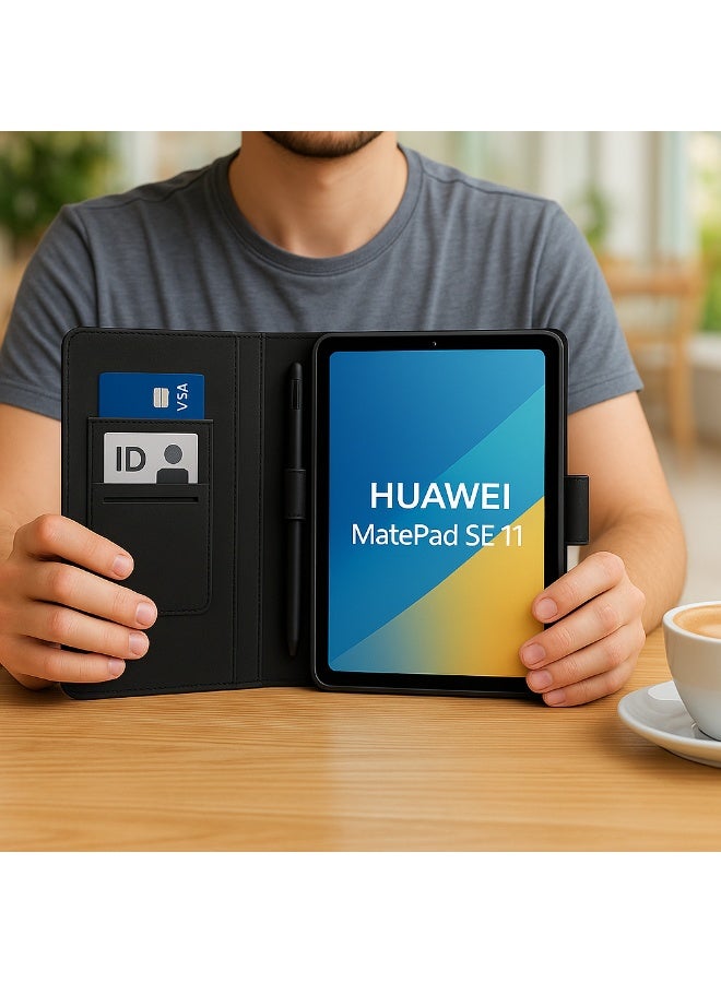 جراب تابلت هواوي MatePad SE 11 فاخر – حماية كاملة ضد الصدمات مع محفظة بطاقات + مكان للقلم + ستاند عملي – أسود أنيق - Image 1