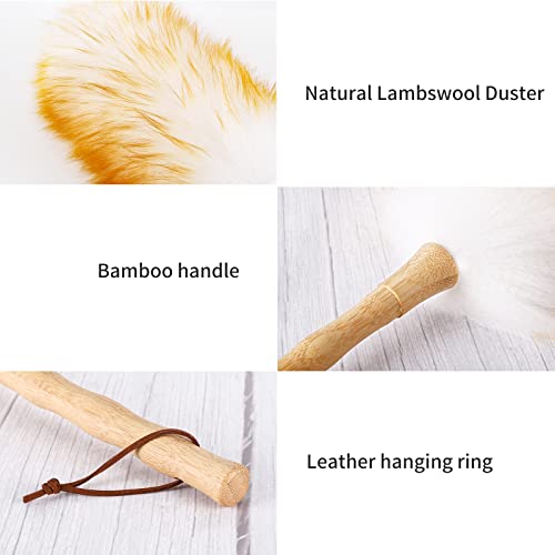 GRNVDWN Lambs Wool Duster with Solid Bamboo Handle,Leather Hang Strap,18.9 inch Long,Natural Feather Duster for Cleaning Ceiling Fans,Window Blinds,Computer Screens,Bookshelves etc - Image 3