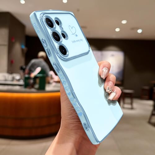 LCHULLE for Samsung Galaxy S25 Ultra Case for Women Girls, Cute Wave Frame Curly Shape with Love Heart Camera Protection Cover Luxury Plating Shockproof Phone Case for Galaxy S25 Ultra 5G, Baby Blue - Image 2