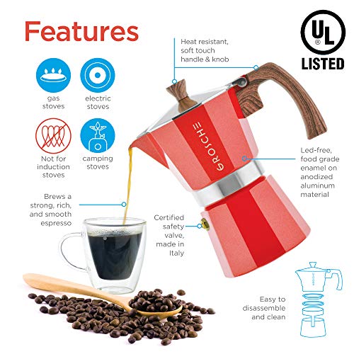 GROSCHE Milano Stovetop Espresso Maker Moka Pot 3 espresso Cup - 5oz, Red - Cuban Coffee Maker Stove top coffee maker Moka Italian espresso greca coffee maker brewer percolator - Image 3