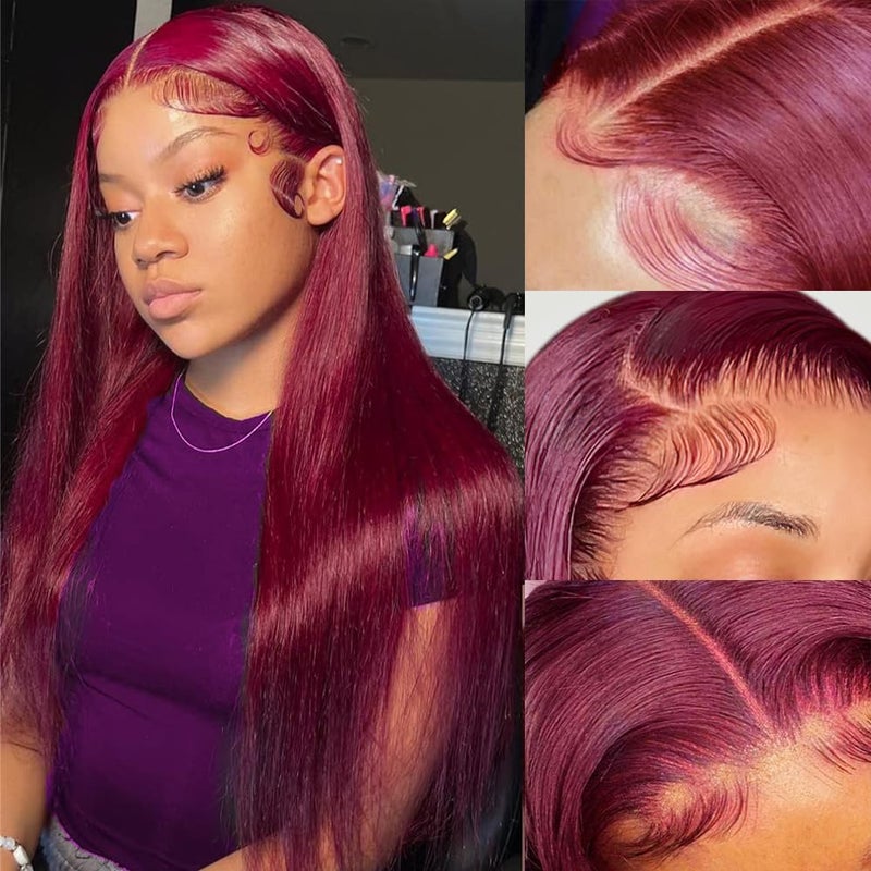 Subella 99j Burgundy 13x4 Transparent Lace Front Wigs Human Hair Pre Plucked with Baby Hair 180 Density Glueless Wine Red Wig Colored Straight 99j Lace Frontal Wig for Black Women 30inch