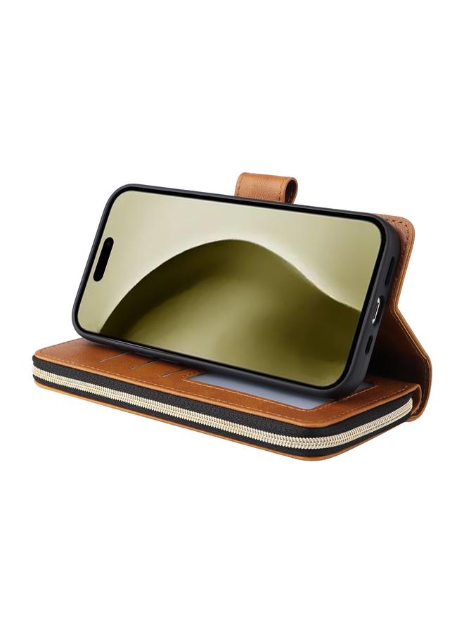 S-TOP Case For iPhone 16 Pro 9 Card Slots Zipper Wallet Bag Leather Phone Case - Image 4