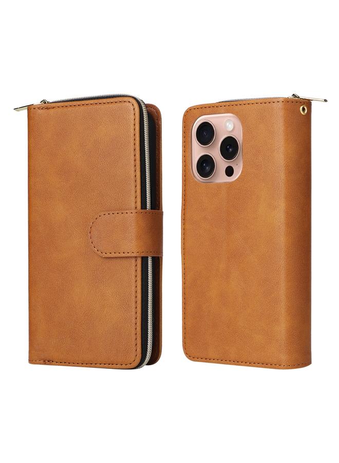 S-TOP Case For iPhone 16 Pro 9 Card Slots Zipper Wallet Bag Leather Phone Case - Image 2