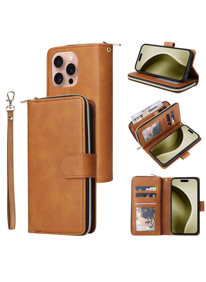 S-TOP Case For iPhone 16 Pro 9 Card Slots Zipper Wallet Bag Leather Phone Case - Image 1