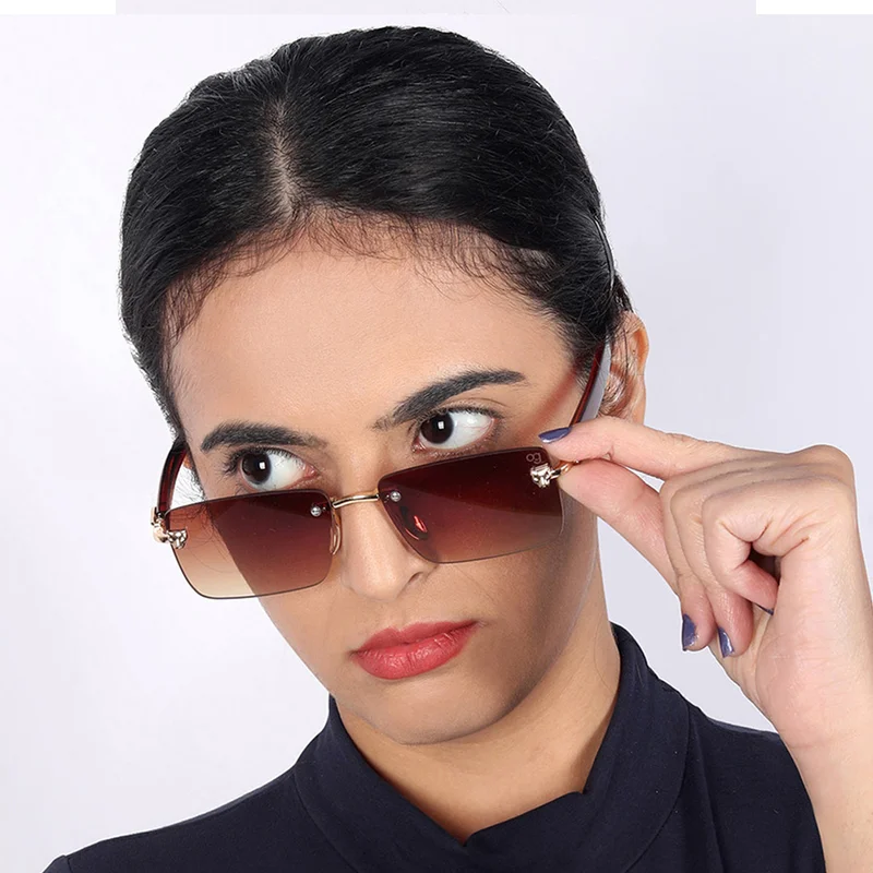 ووجلز نظارات شمسية مستطيلة بدون إطار بلون بني  بحماية % من الأشعة فوق البنفسجية للرجال والنساء