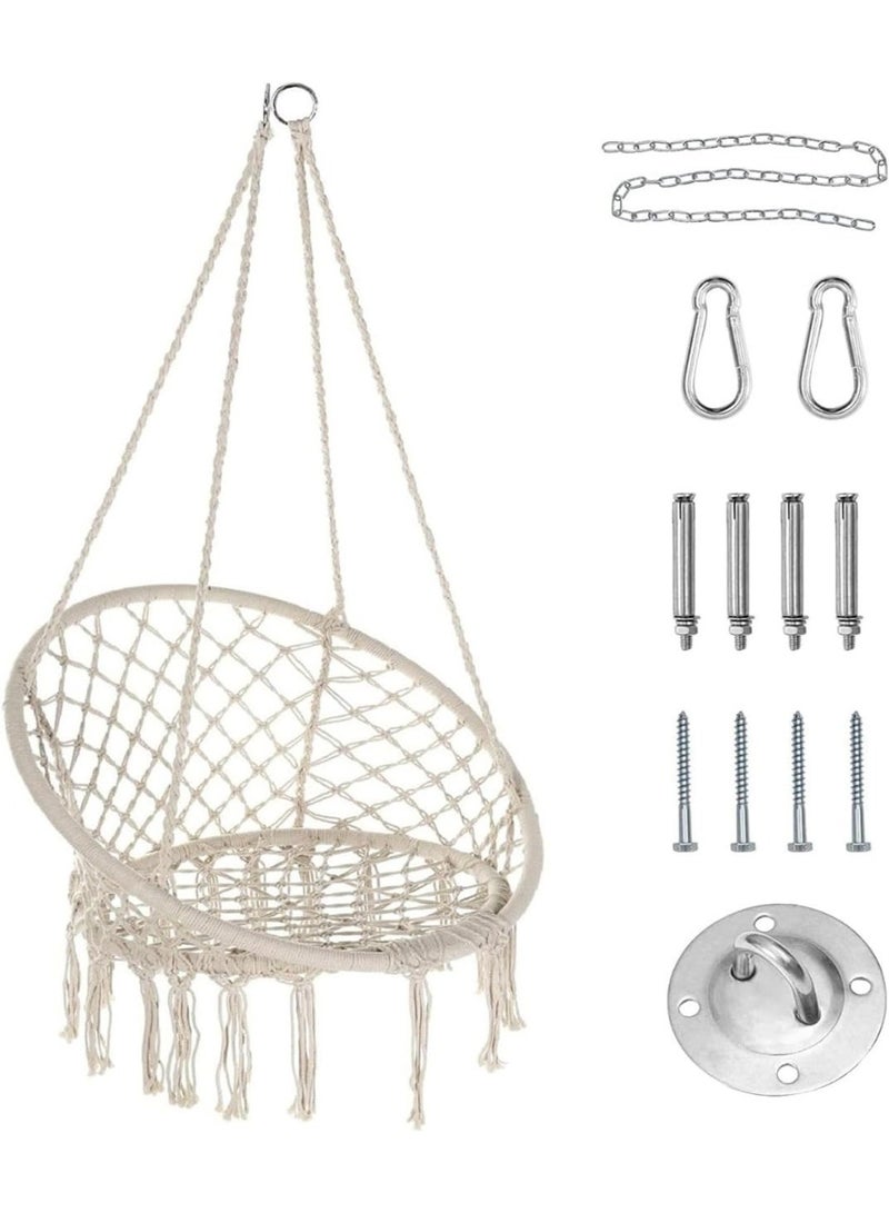 ZEESQUARE Luxury Round Hammock Chair Swing White | Macrame Cotton Rope Hanging Swing Chair with Hanging Kit | Comfortable Indoor Outdoor Hanging Chair for Bedroom, Balcony, Patio & Garden Décor - Image 1