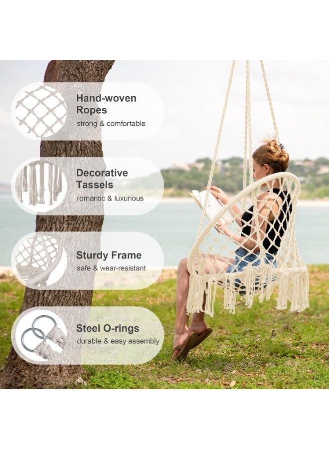 ZEESQUARE Luxury Round Hammock Chair Swing White | Macrame Cotton Rope Hanging Swing Chair with Hanging Kit | Comfortable Indoor Outdoor Hanging Chair for Bedroom, Balcony, Patio & Garden Décor - Image 5
