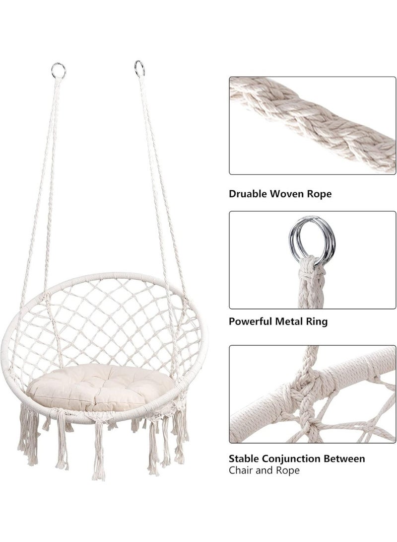 ZEESQUARE Luxury Round Hammock Chair Swing White | Macrame Cotton Rope Hanging Swing Chair with Hanging Kit | Comfortable Indoor Outdoor Hanging Chair for Bedroom, Balcony, Patio & Garden Décor - Image 4