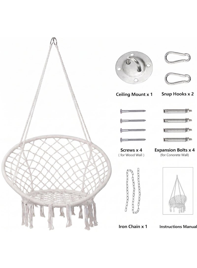 ZEESQUARE Luxury Round Hammock Chair Swing White | Macrame Cotton Rope Hanging Swing Chair with Hanging Kit | Comfortable Indoor Outdoor Hanging Chair for Bedroom, Balcony, Patio & Garden Décor - Image 3
