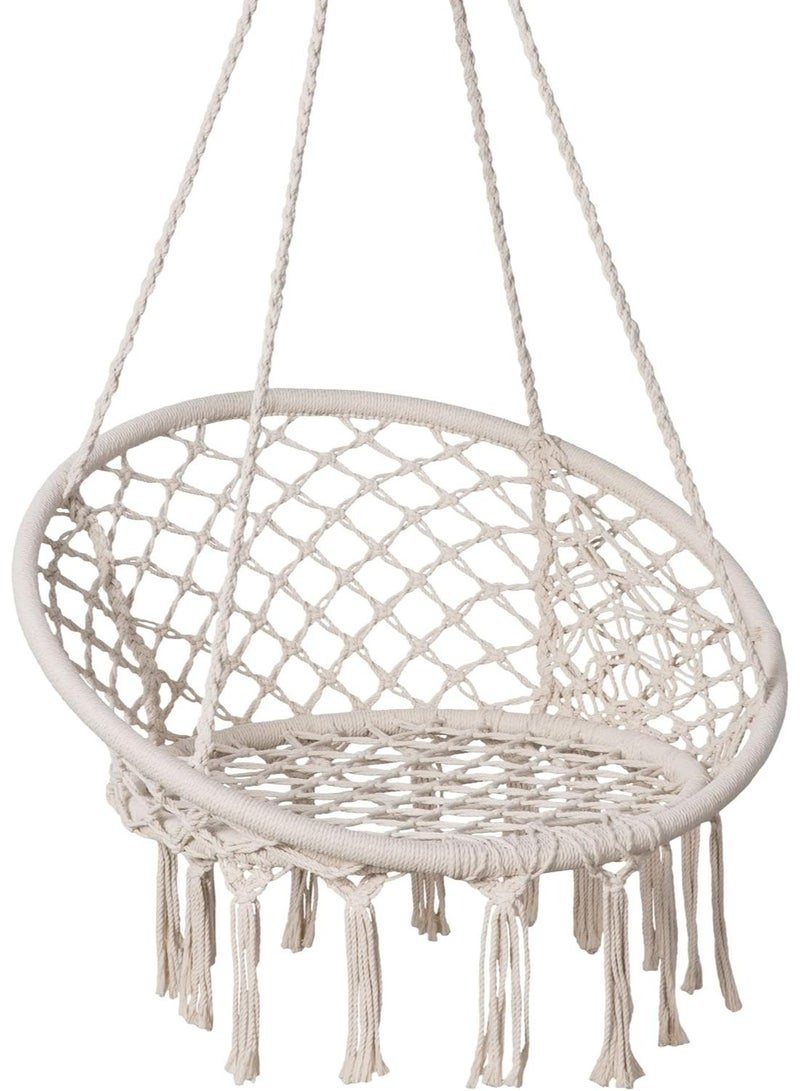 ZEESQUARE Luxury Round Hammock Chair Swing White | Macrame Cotton Rope Hanging Swing Chair with Hanging Kit | Comfortable Indoor Outdoor Hanging Chair for Bedroom, Balcony, Patio & Garden Décor - Image 2