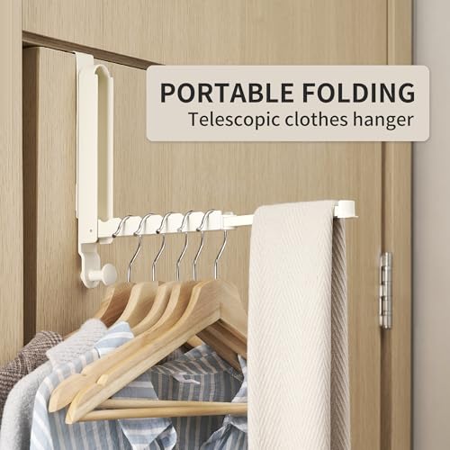 RFOUO Over The Door Hooks Hanger Fit Door up to 1 34 Optimal 1pcOver The Door Hanger with Retractable RodFoldable Over The Door Drying Rack for Laundry Bathroom Bedroom Milky White 1 Pack - Image 3