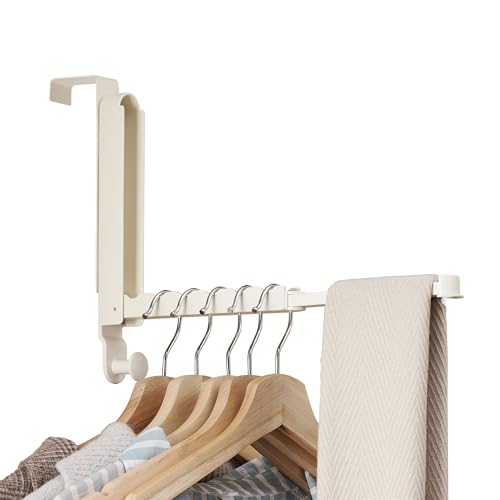 RFOUO Over The Door Hooks Hanger Fit Door up to 1 34 Optimal 1pcOver The Door Hanger with Retractable RodFoldable Over The Door Drying Rack for Laundry Bathroom Bedroom Milky White 1 Pack - Image 1