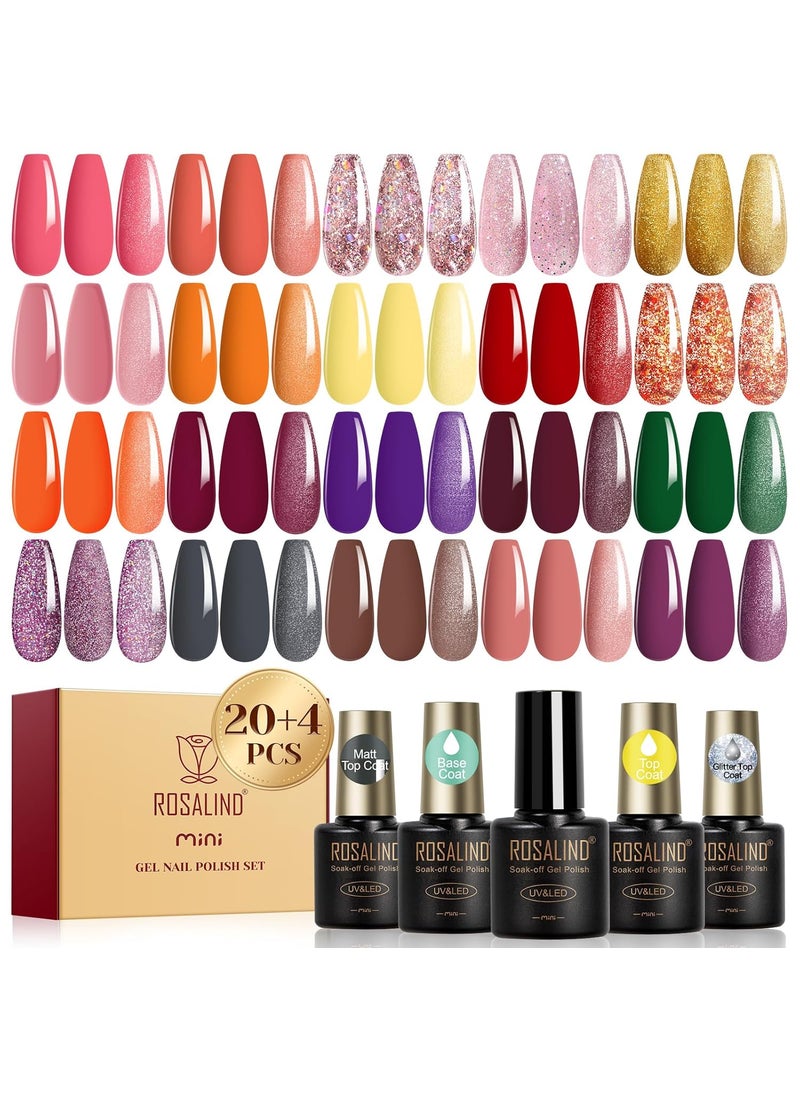 Rosalind ROSALIND 24pcs Gel Polish Set with 4 Bottles of Base and Glossy Matte Glitter Top Coat Orange Purple Fall Winter Gel Nail Set 