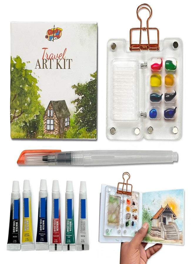 The Crafthives Mini Travel Watercolor Art Kit - Metal Clip | Portable 6-Colour Watercolor Palette with Wooden Mixing Tray & Water Brush | Compact Painting Kit for Artists, Students & Hobbyists - Image 1