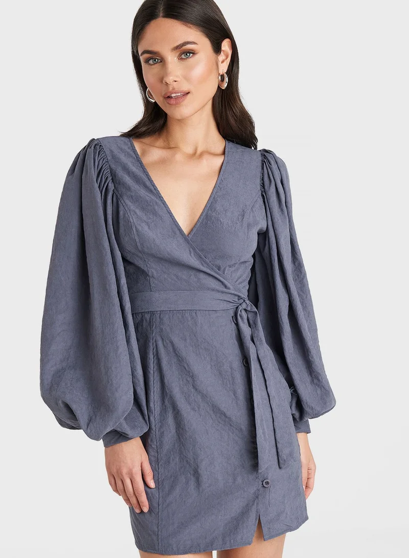 NA-KD Balloon Sleeve Wrap Dress