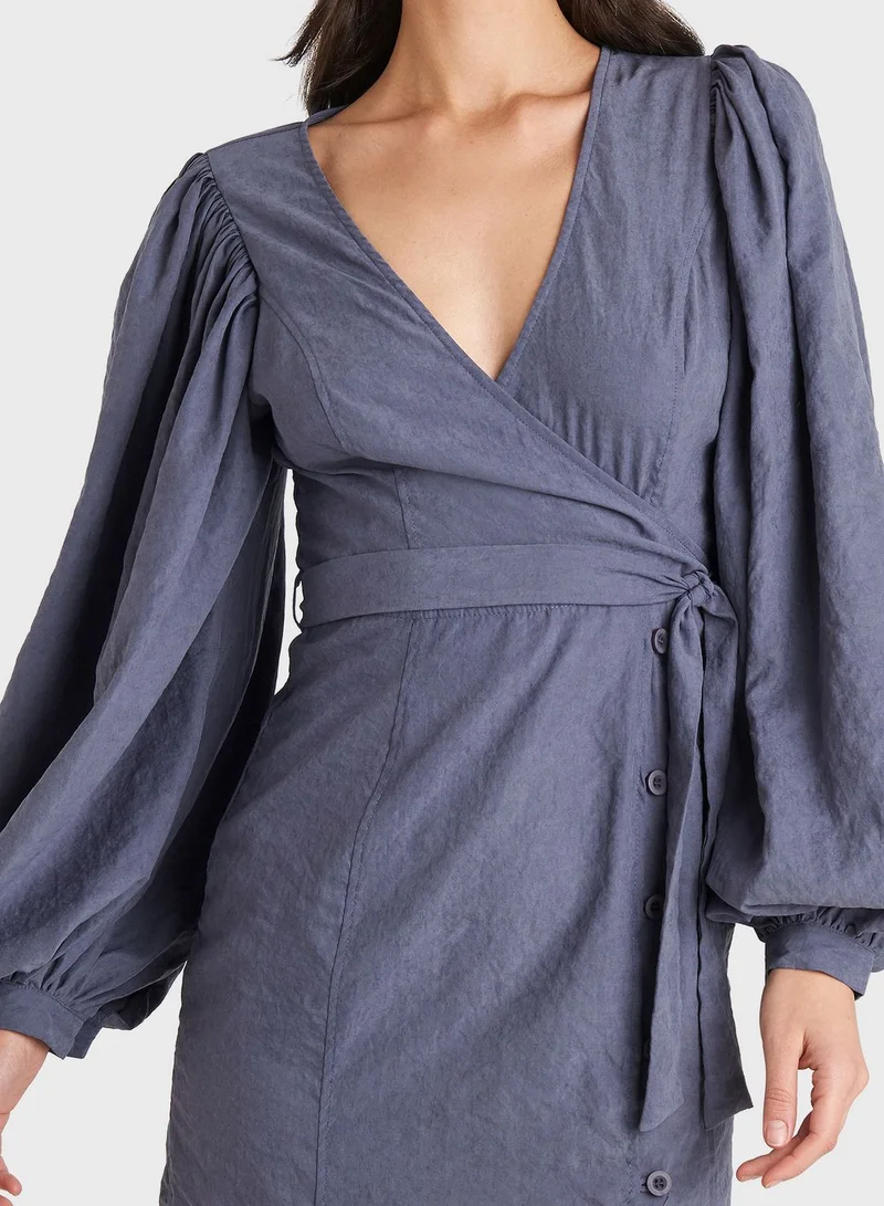 NA-KD Balloon Sleeve Wrap Dress