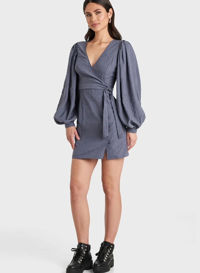 NA-KD Balloon Sleeve Wrap Dress