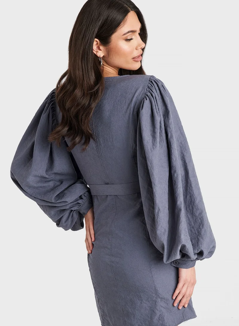 NA-KD Balloon Sleeve Wrap Dress