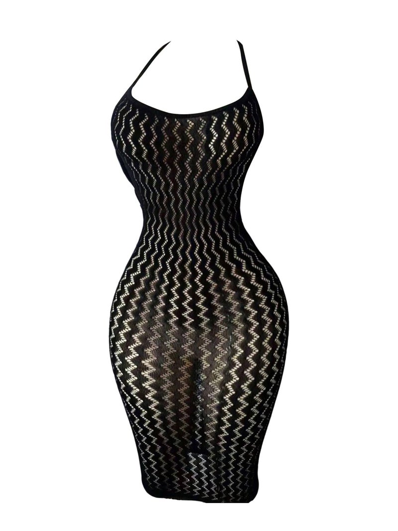 OYOANGLE Women's Fishnet Halter Bodycon Lingerie Dress Sexy Hollow Out See Through Sleeveless Chemise Beach Cover Up Dress Black One Size - Image 1