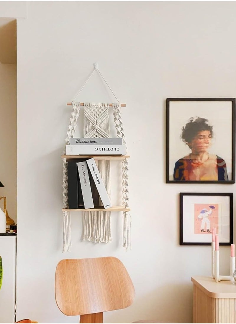 General Bohemian style wood woven plant wall-mounted knot weaving frame, handmade to provide decoration for small plants, books, photos, Bohemian style suspended shelf  - Image 2