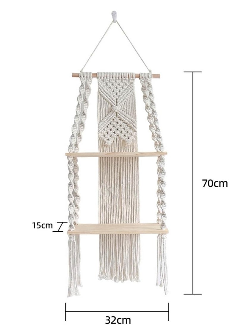 General Bohemian style wood woven plant wall-mounted knot weaving frame, handmade to provide decoration for small plants, books, photos, Bohemian style suspended shelf  - Image 3