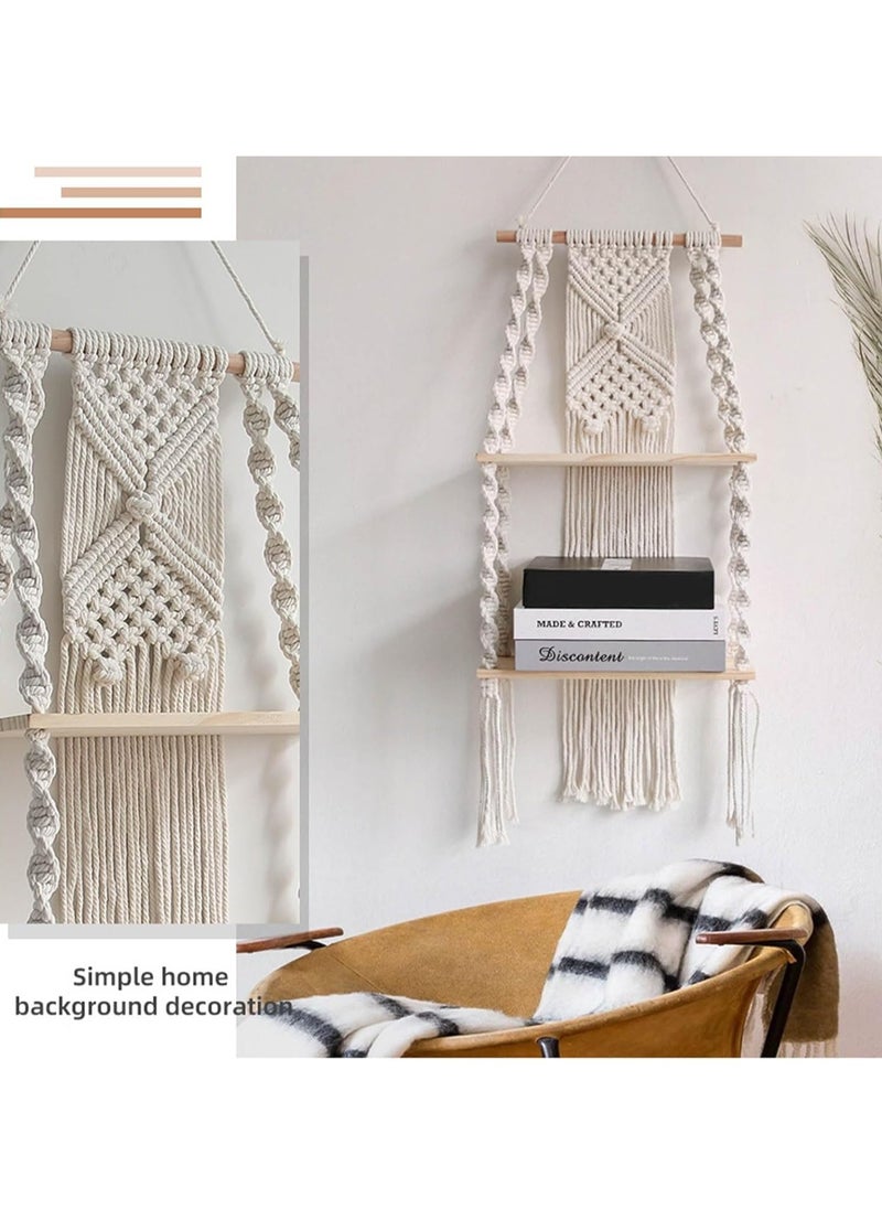 General Bohemian style wood woven plant wall-mounted knot weaving frame, handmade to provide decoration for small plants, books, photos, Bohemian style suspended shelf  - Image 4
