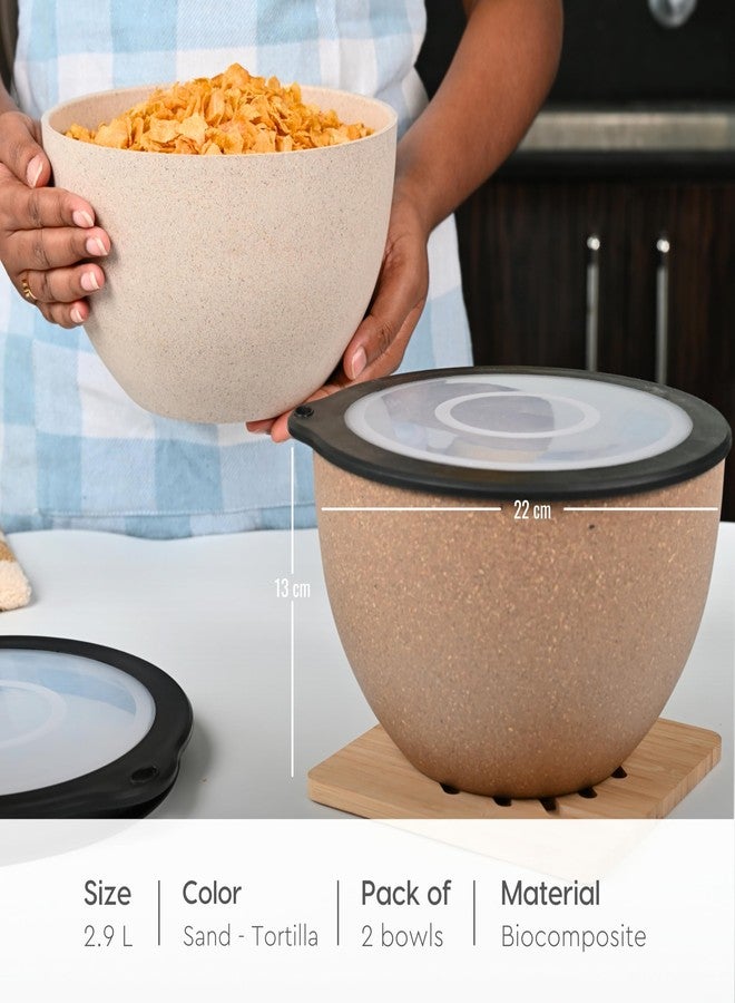 Eha Earth Friendly Mixing Bowls for Kitchen | Serving Bowls with Lid | Microwave Safe Bowl Set | Storage Bowls Made with Rice Husk & Bamboo Fibers | 2900Ml | Set of 2 | Sand-Tortilla, Lilac - Image 2