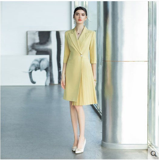 Fashionable temperament three-quarter sleeve professional dress design asymmetric pleated business wear womens dress work clothes spring and summer Yellow 3/4 sleeve dress 