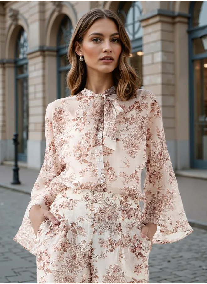 Iconic Iconic Floral Print Shirt with Bow Detail and Bell Sleeves