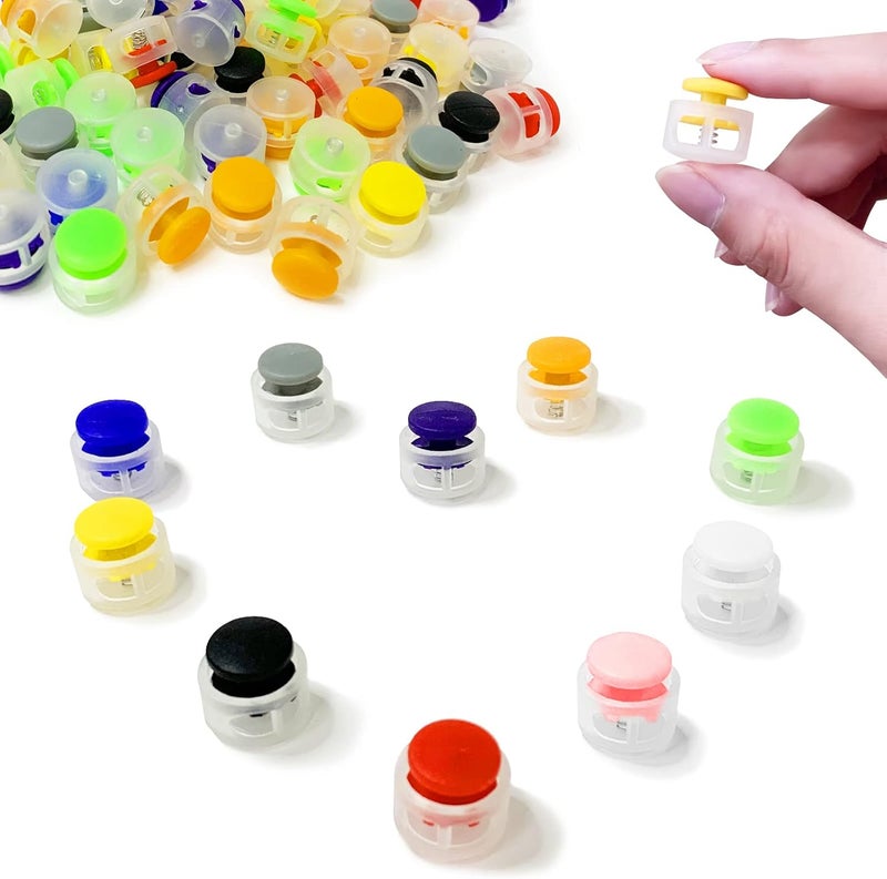 woobles 100pcs Plastic Round Cord Locks,Toggle Hole Spring Stop Fastener,Spring Fastener Cord Lock Hole Round Toggle End for Backpacks,Lanyard,Clothes,Shoes,DIY Handmade(10 Colour) - Image 1